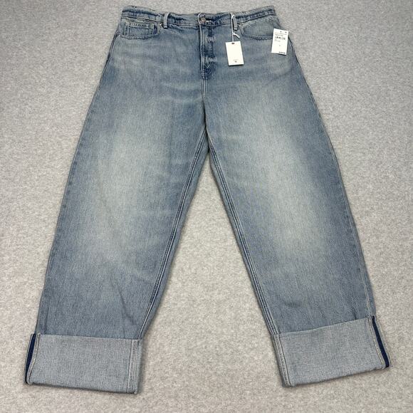 Good American Good Standard Barrel Jeans 14 Indigo High-Rise Wide Tapered Cuffed - Picture 3 of 13